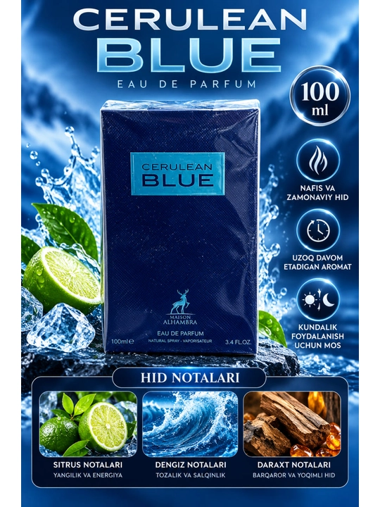 Erkaklar uchun parfyumlangan suv Maison Alhambra Cerulean Blue Perfume, 100 ml