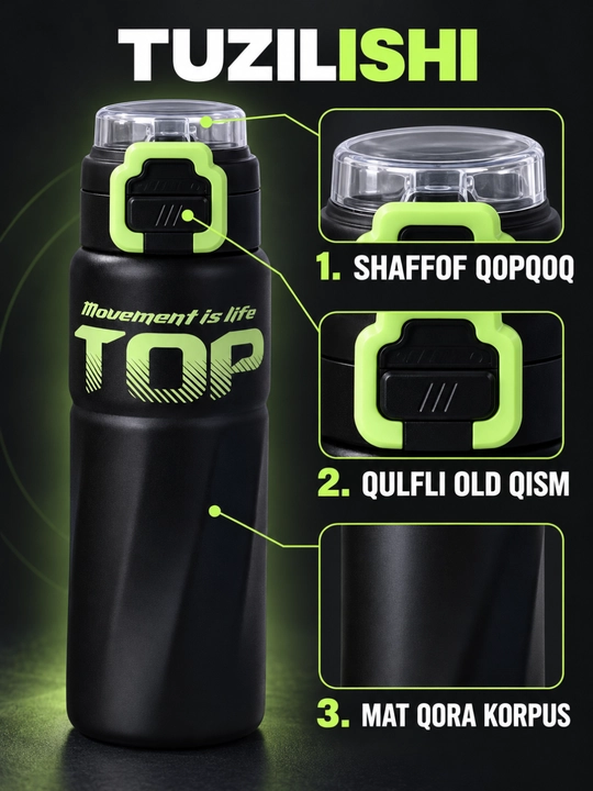 Termos 500 ml shaffof qopqoqli qulflanadigan tugmali zamonaviy dizayn - 