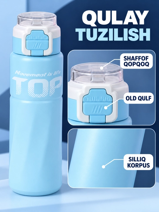 Termos 500 ml shaffof qopqoqli qulflanadigan tugmali zamonaviy dizayn - 