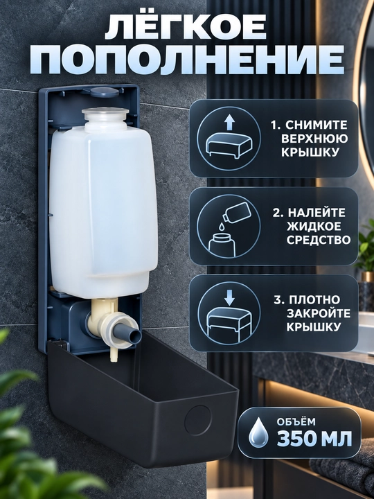 350 ml, devorga o‘rnatiladigan suyuq sovun uchun dozator-dispenser