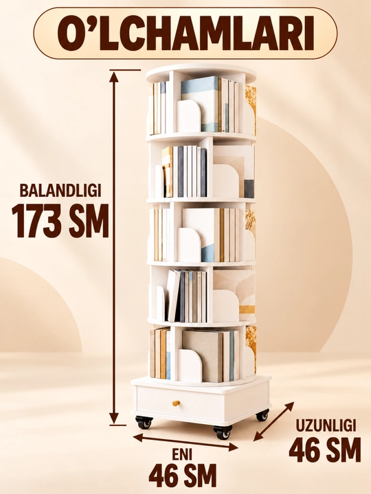 Kitob javoni, 360° aylanuvchi 5 qavatli g‘ildirakli model, 46×46×173 sm