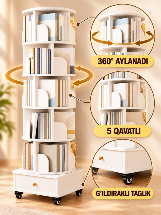 Kitob javoni, 360° aylanuvchi 5 qavatli g‘ildirakli model, 46×46×173 sm