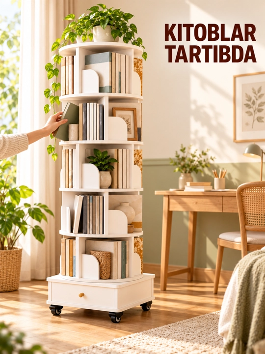 Kitob javoni, 360° aylanuvchi 5 qavatli g‘ildirakli model, 46×46×173 sm