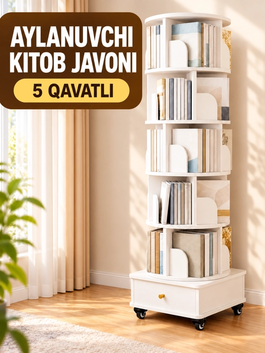 Kitob javoni, 360° aylanuvchi 5 qavatli g‘ildirakli model, 46×46×173 sm