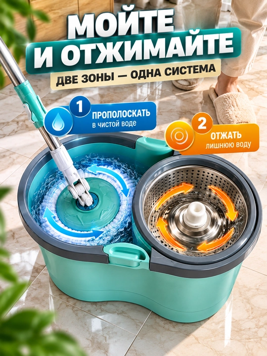 Швабра с отжимом 360° и ведром, набор для мытья пола, микрофибра, для дома