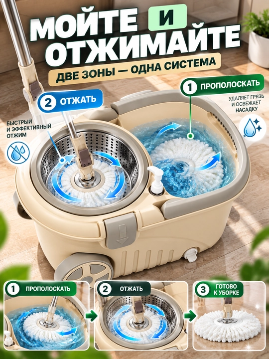 Швабра с отжимом 360° и ведром, набор для мытья пола, микрофибра, для дома