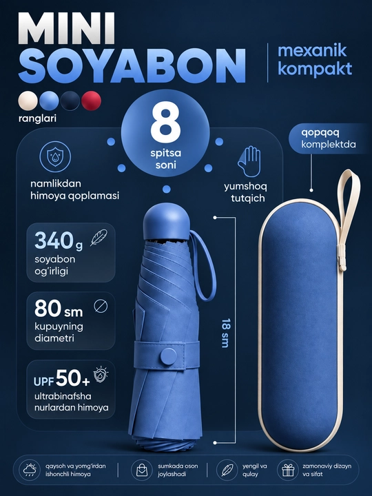 Mexanik kompakt mini soyabon, 6 tayoqcha, UPF 50+, suv o'tkazmaydigan, g'ilofli - 