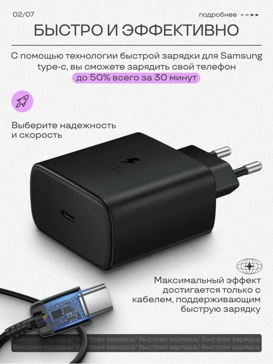 Быстрая зарядка 25W / 50W PD+кабель Type-C Для Samsung и других устройств Type-C