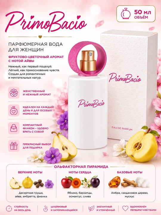 Primo Bacio ayollar uchun parfyumlangan suv meva-gulli aromat qulupnay ifori bilan, 50 ml - 