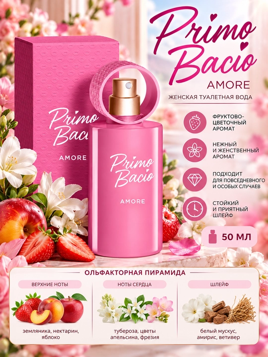 Primo Bacio ayollar uchun parfyumlangan suv meva-gulli aromat qulupnay ifori bilan, 50 ml - 