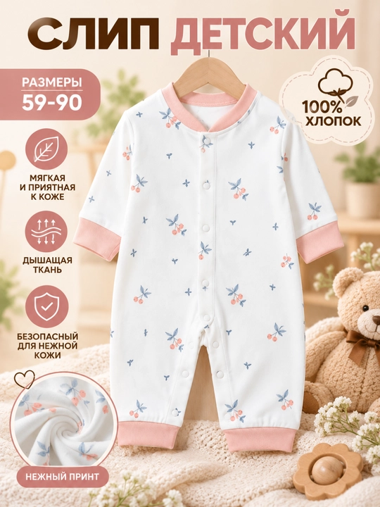 Комбинезон-слип (боди) для новорождённых, 100% хлопок, мягкий и дышащий - 