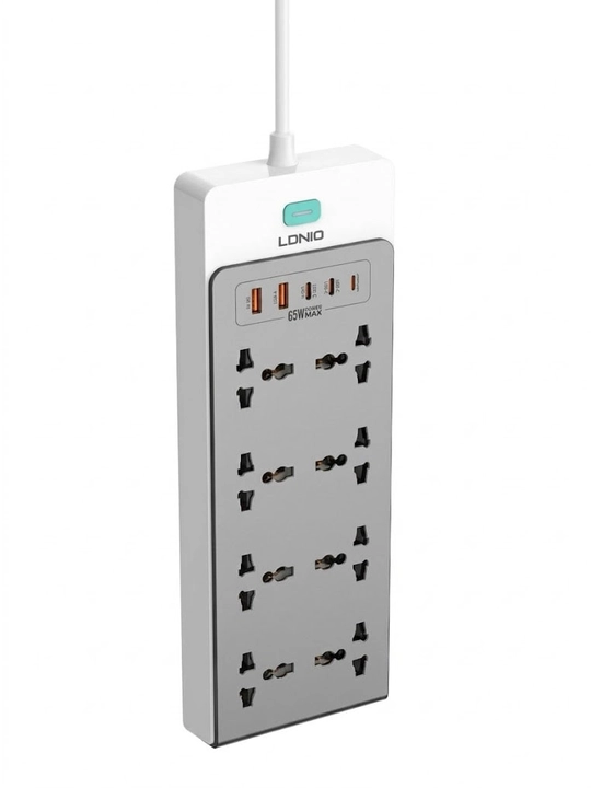 Сетевой фильтр LDNIO SC4 65W GaN, 13-в-1 удлинитель (8 розеток, Type-C, Lightning), 2м