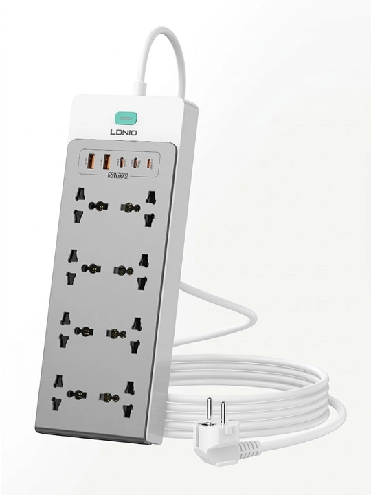 Сетевой фильтр LDNIO SC4 65W GaN, 13-в-1 удлинитель (8 розеток, Type-C, Lightning), 2м