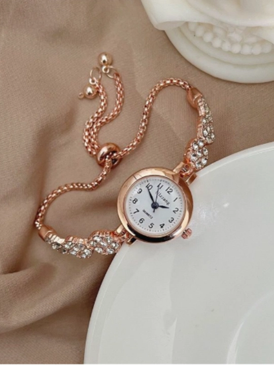 Женские кварцевые наручные часы Rose Gold с кристаллами и браслетом-цепочкой - 