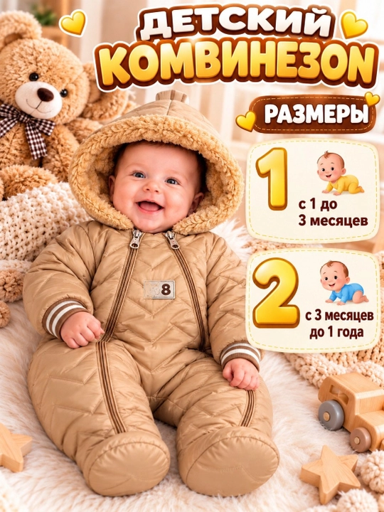 Теплый комбинезон для малыша, детская зимняя одежда, модель с мягким капюшоном