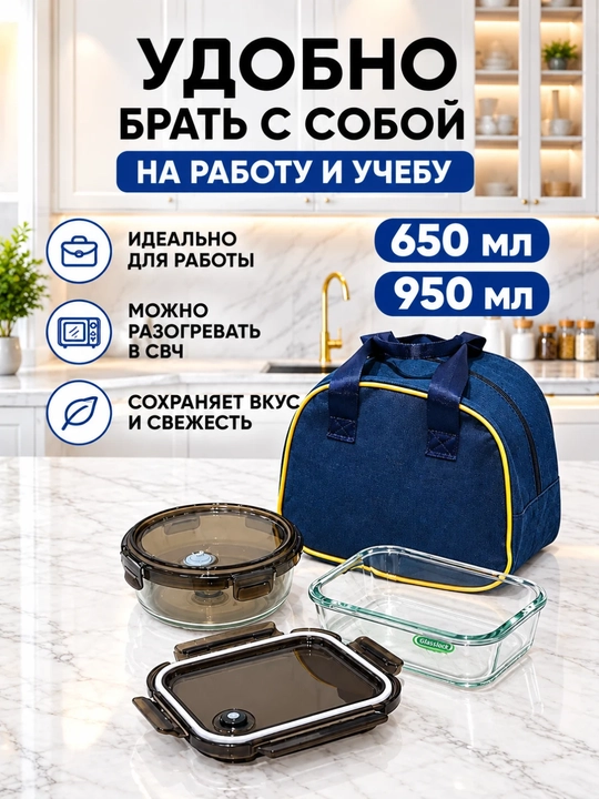Ланч-бокс, термосумка для переноски еды, с двумя прочными стеклянными контейнерами - 