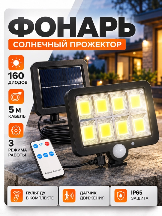 Quyosh energiyasida ishlaydigan projektor, harakat sensori, pult va 5 m kabel bilan, IP65 - 