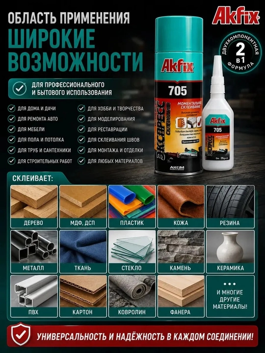Набор для экспресс склеивания Akfix 705, 200 мл, двухкомпонентный клей + активатор