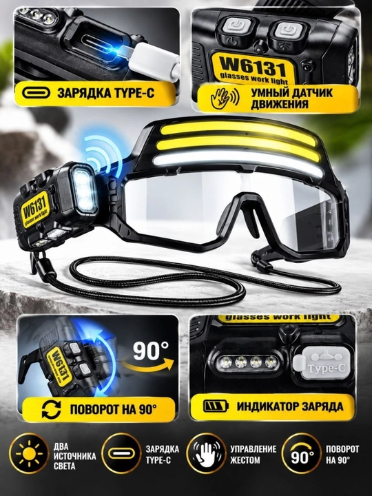 Очки-фонарь для туризма и спорта, LED + COB, управление жестом, USB Type-C