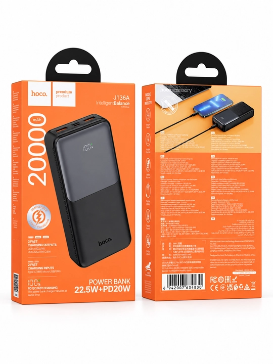 Hoco J136A Sirui poverbank, 20000 mAh, 22,5 W, PD20W tez quvvatlash, LED displey
