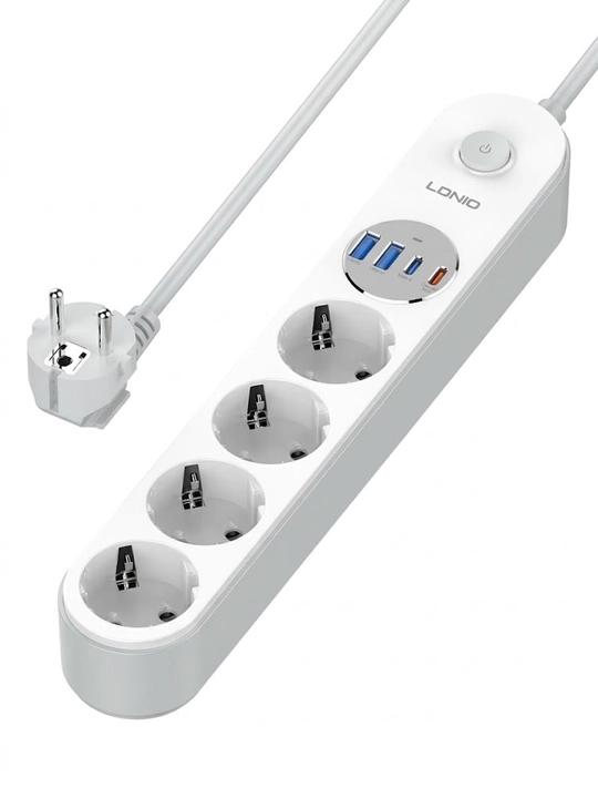 Сетевой фильтр LDNIO SE1-C 20W PD, 4 EU розетки, 4 USB (Type-C, QC), удлинитель 2м
