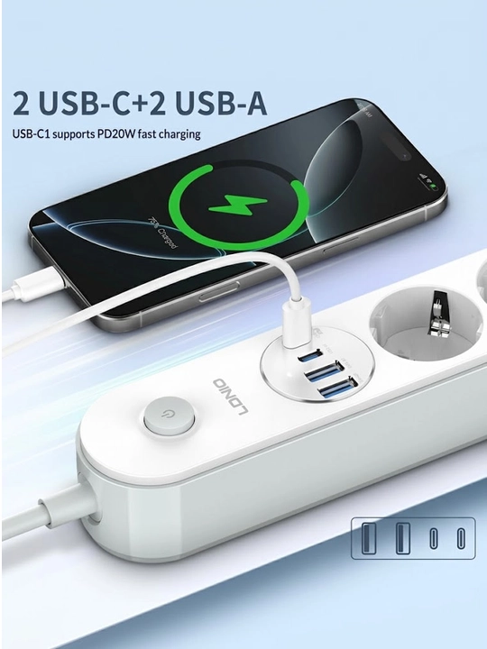 Сетевой фильтр LDNIO SE1-C 20W PD, 4 EU розетки, 4 USB (Type-C, QC), удлинитель 2м