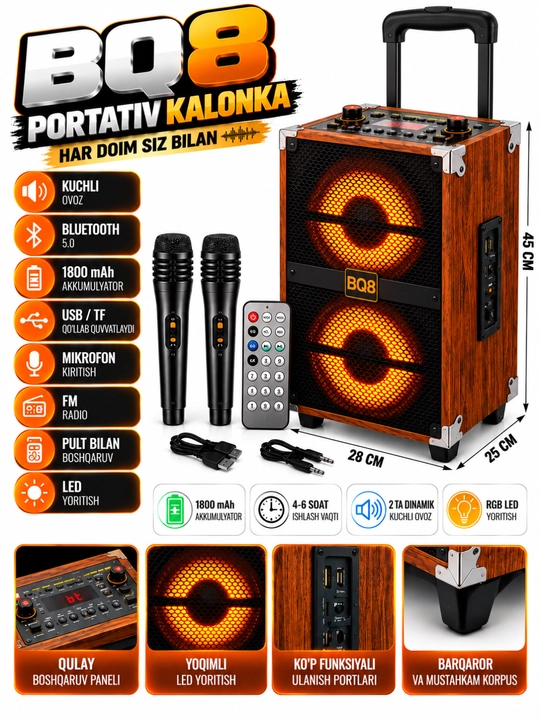 Bq8 portativ kalonka, bluetooth 5. 0, 2 ta mikrofon, usb/tf, fm, pult bilan