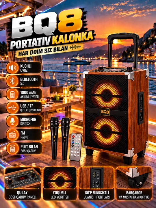 Bq8 portativ kalonka, bluetooth 5. 0, 2 ta mikrofon, usb/tf, fm, pult bilan