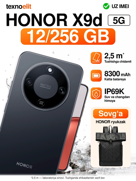 HONOR X9d 5G smartfoni, 12/256GB Snapdragon 6 Gen 4, 108 Mp, 8300 mAh,+Sovg'a Ryukzak - 