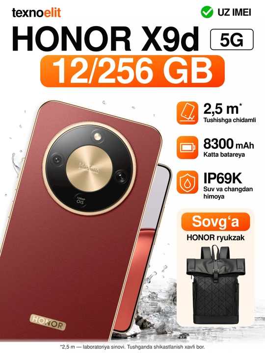 HONOR X9d 5G smartfoni, 12/256GB Snapdragon 6 Gen 4, 108 Mp, 8300 mAh,+Sovg'a Ryukzak - 