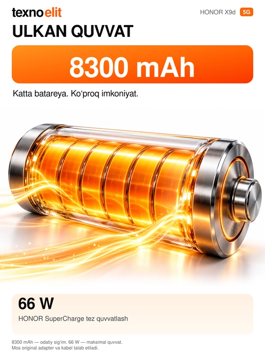 HONOR X9d 5G smartfoni, 12/256GB Snapdragon 6 Gen 4, 108 Mp, 8300 mAh,+Sovg'a Ryukzak
