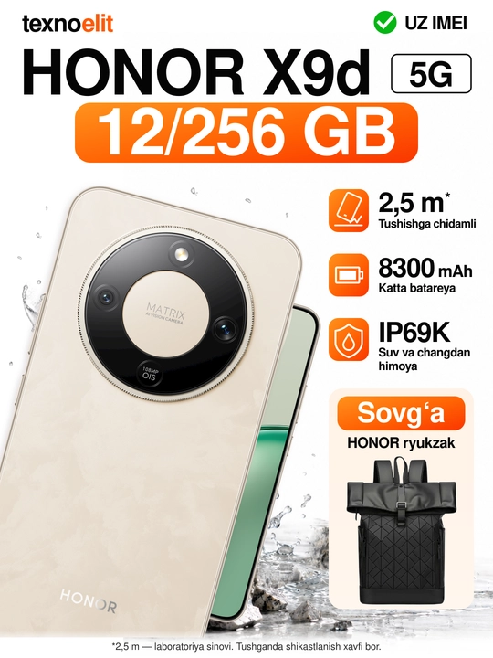HONOR X9d 5G smartfoni, 12/256GB Snapdragon 6 Gen 4, 108 Mp, 8300 mAh,+Sovg'a Ryukzak - 