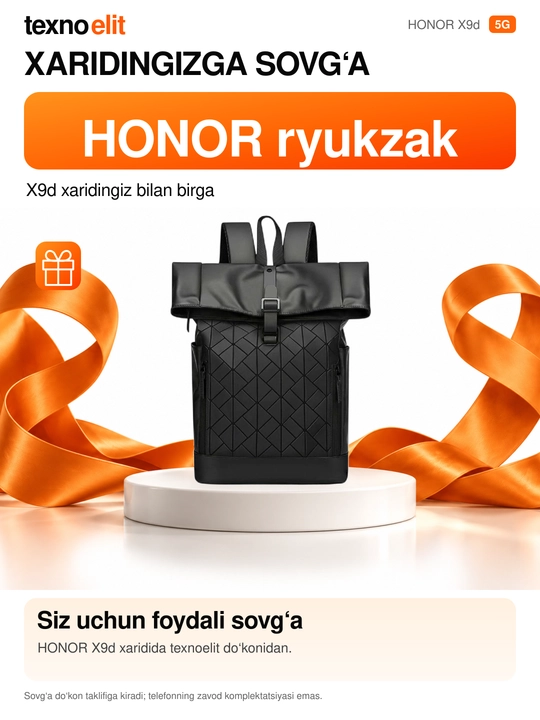 HONOR X9d 5G smartfoni, 12/256GB Snapdragon 6 Gen 4, 108 Mp, 8300 mAh,+Sovg'a Ryukzak
