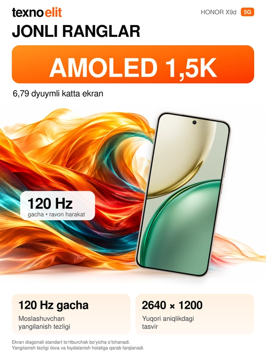HONOR X9d 5G smartfoni, 12/256GB Snapdragon 6 Gen 4, 108 Mp, 8300 mAh,+Sovg'a Ryukzak