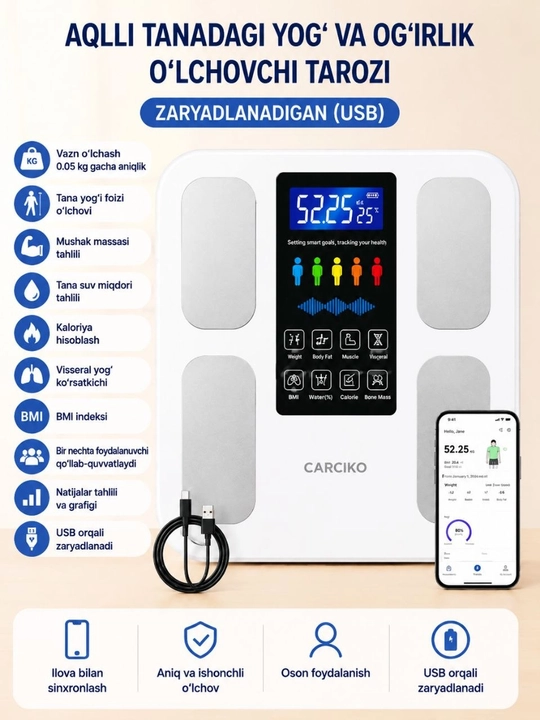 Aqlli tana tarkibi va og‘irlik o‘lchovchi elektron tarozi, USB orqali zaryadlanuvchi - 