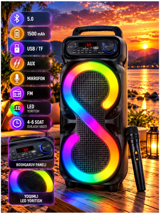 ZQS4270 Портативная колонка, Bluetooth 5.0, RGB LED, 1500 мАч, USB/TF, микрофон - 