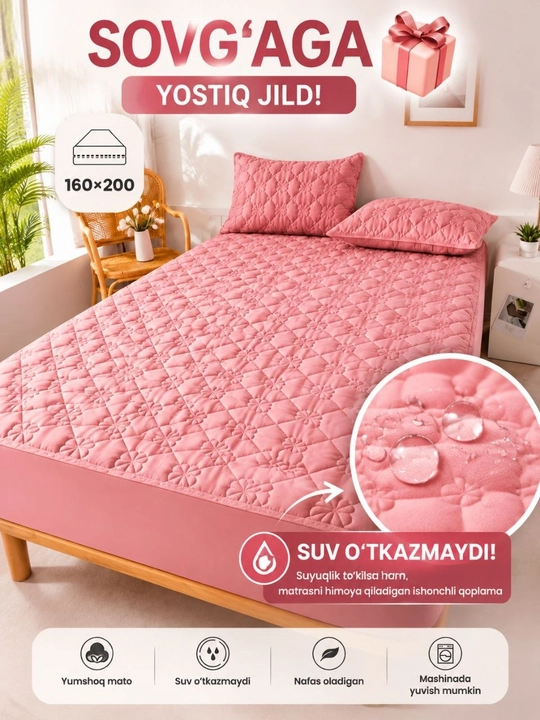 100% paxtali suv o‘tkazmaydigan matras qoplamasi, 160×200 sm, yostiq jildi bilan - 