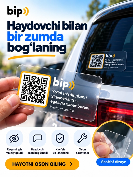 Avtovizitka QR kodli stiker oynaga parkovka uchun telefon raqamisiz aloqa bip