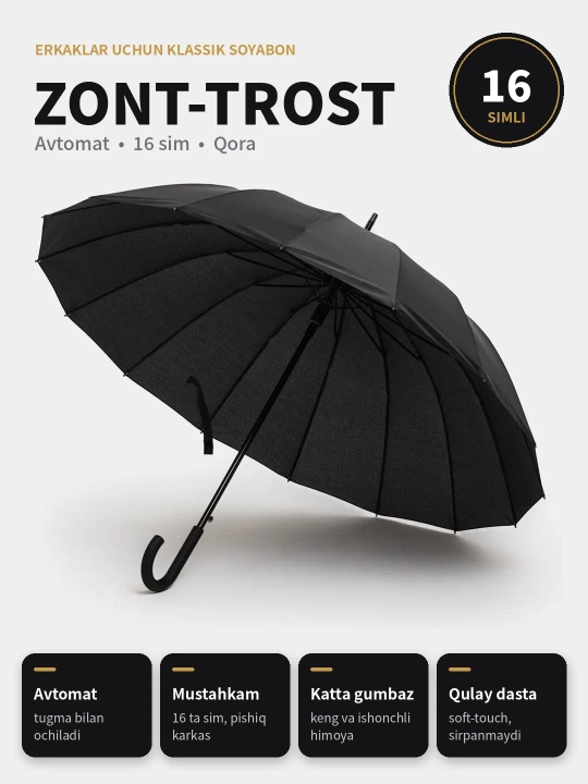 Zont-trost erkaklar uchun, avtomat, 16 sim, qora soyabon - 