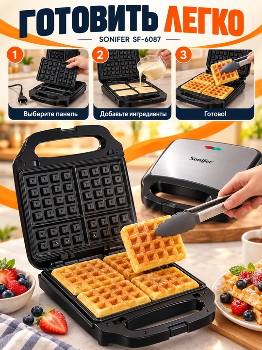 Вафельница, тостер, сэндвичница, Sonifer SF-6087, 3в1, 1200W, черная