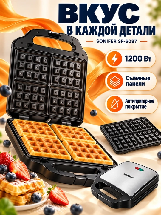 Вафельница, тостер, сэндвичница, Sonifer SF-6087, 3в1, 1200W, черная