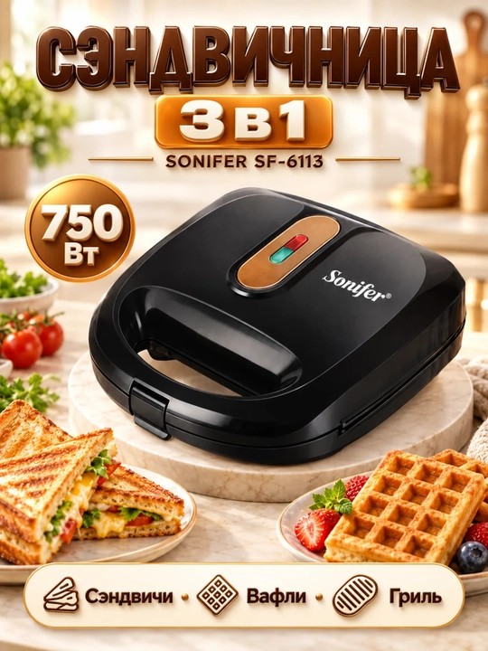 Вафельница, тостер, сэндвичница, Sonifer SF-6113, 3в1, 750W, черный - 