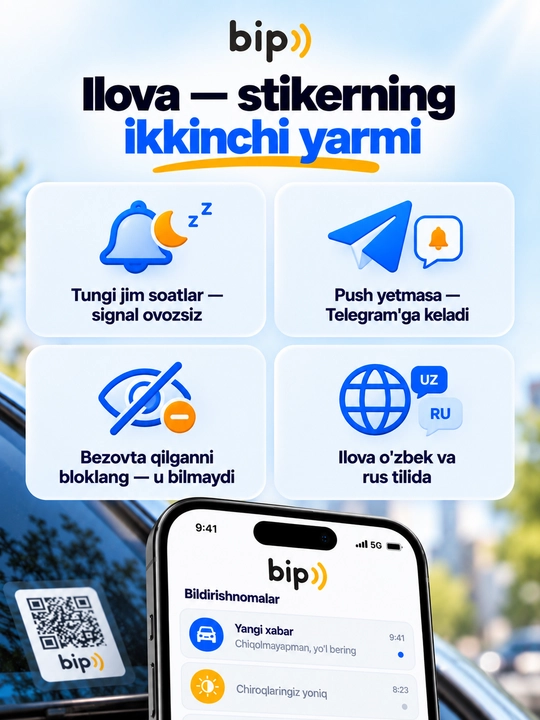 Avtovizitka QR kodli stiker oynaga parkovka uchun telefon raqamisiz aloqa bip