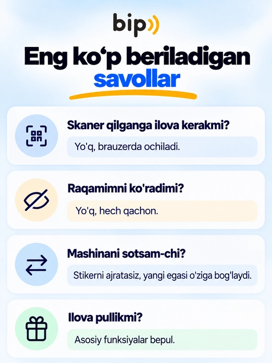 Avtovizitka QR kodli stiker oynaga parkovka uchun telefon raqamisiz aloqa bip