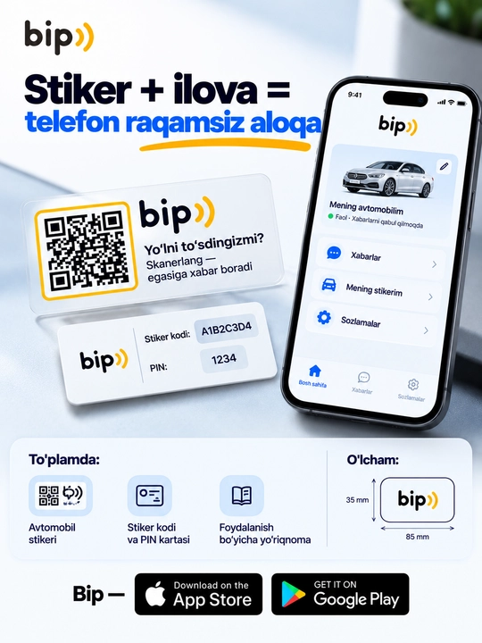 Avtovizitka QR kodli stiker oynaga parkovka uchun telefon raqamisiz aloqa bip