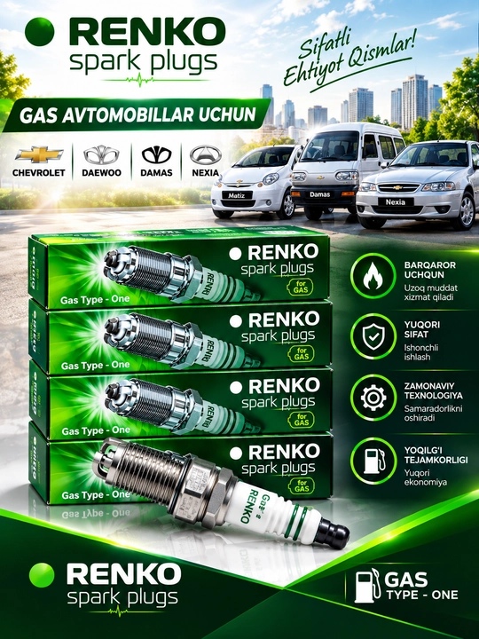 Свечи зажигания RENKO для газа, Spark Plug, LASETTI,MATIZ,DAMAS,SPARK,COBALT,NEXIA 1-2-3 - 