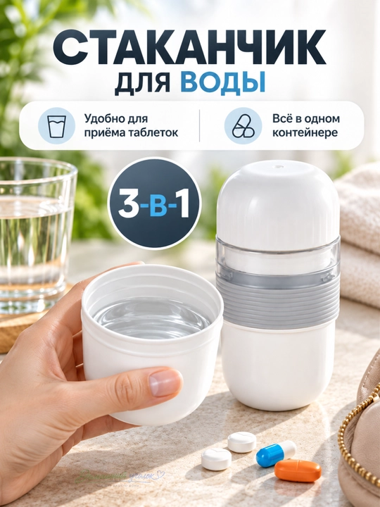 Органайзер для таблеток 3-в-1 с измельчителем и стаканчиком, 4 секции