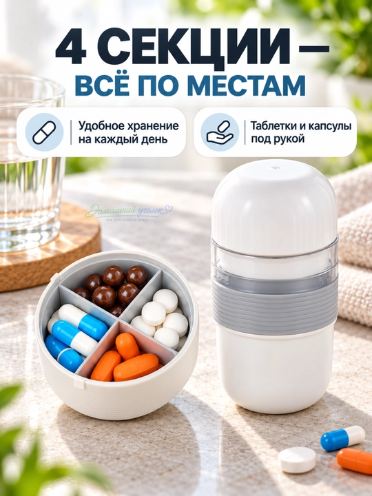 Органайзер для таблеток 3-в-1 с измельчителем и стаканчиком, 4 секции
