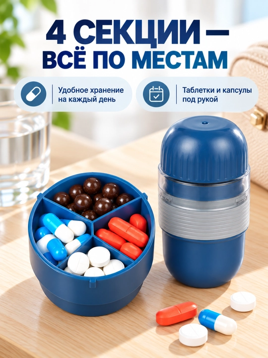 Tabletkalar uchun 3 tasi 1 da organayzer, maydalagich va stakan, 4 bo‘limli