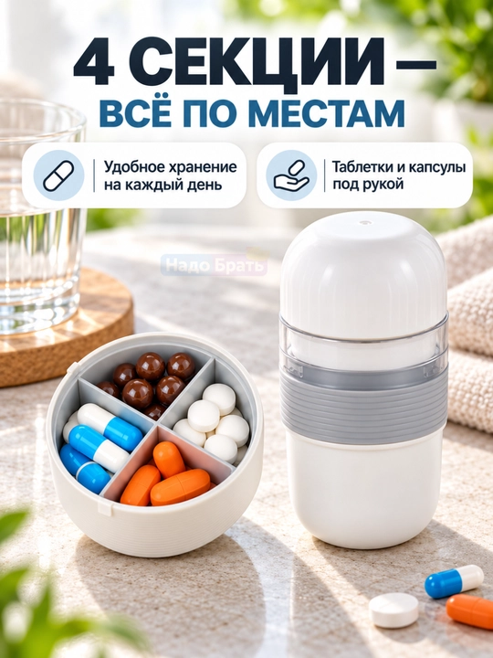 Tabletkalar uchun 3 tasi 1 da organayzer, maydalagich va stakan, 4 bo‘limli